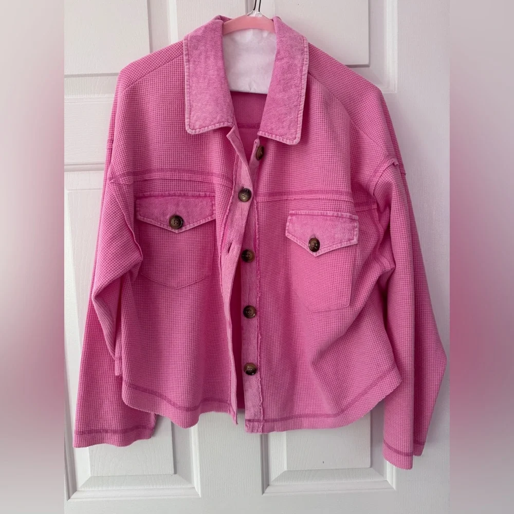 Altar'd State Pink Waffle Button-Front Jean Jacket - Picture 2 of 3